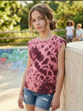 Hudson Jeans Sleeveless Shoulder Pad Tee Cabernet Tie-Dye Girls Size Large 12-14